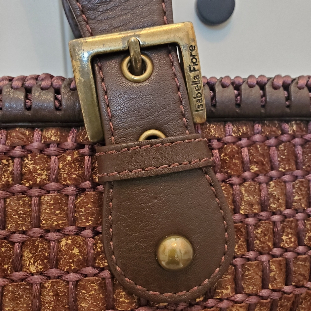 ISABELLA FIORE Leather Woven Large Shoulder Bag Handbag Brown - Picture 9 of 11